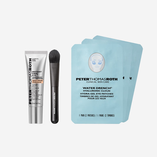 Peter Thomas Roth skincare products including a tube, brush, and eye patches on a white background