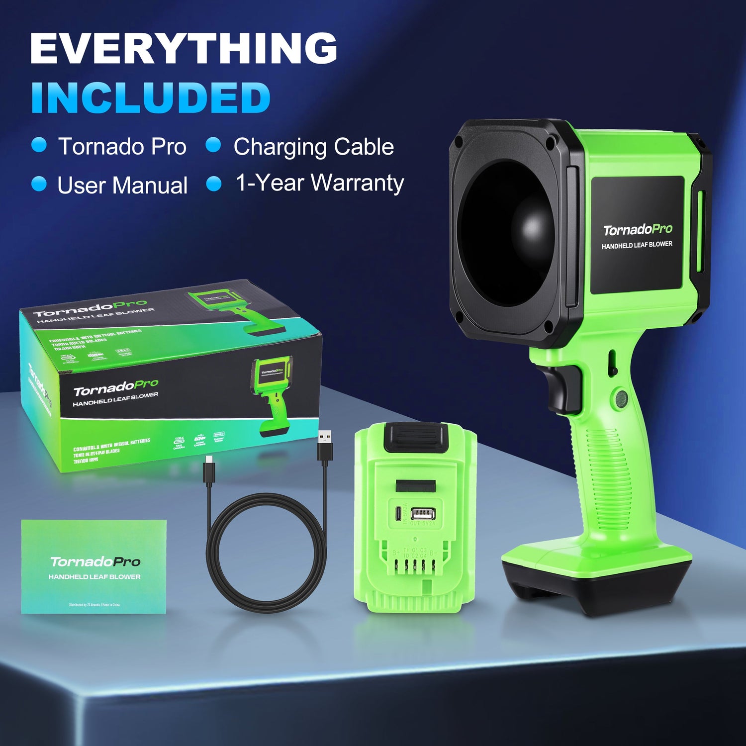 Green handheld leaf blower with packaging, charging cable, and user manual on a blue background