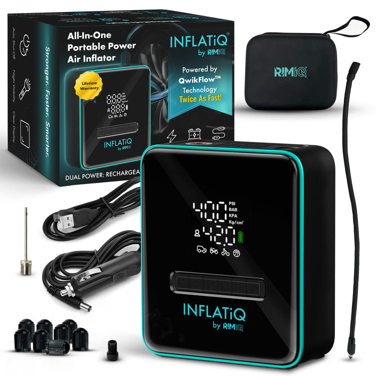 INFLATiQ by RIMIQ air inflator with packaging, accessories, and USB cable on a white background