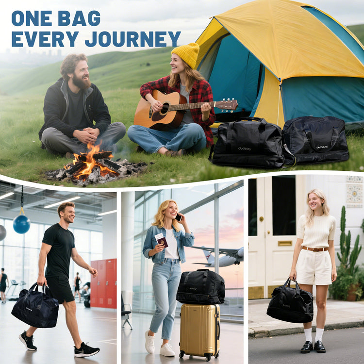 Collage of people with bags in various settings, including camping and airport scenes.