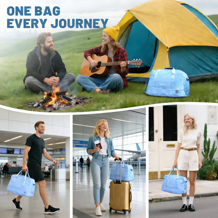Collage of people using a blue bag in various settings including camping, airport, and city.