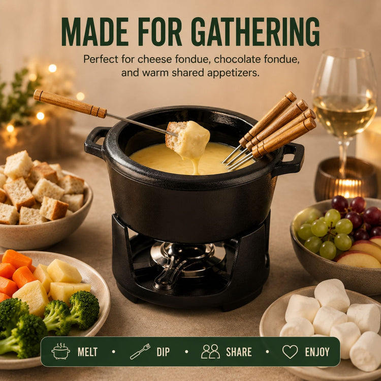 Fondue pot with cheese fondue, bread cubes, and other appetizers on a table with text 'Made for Gathering'.
