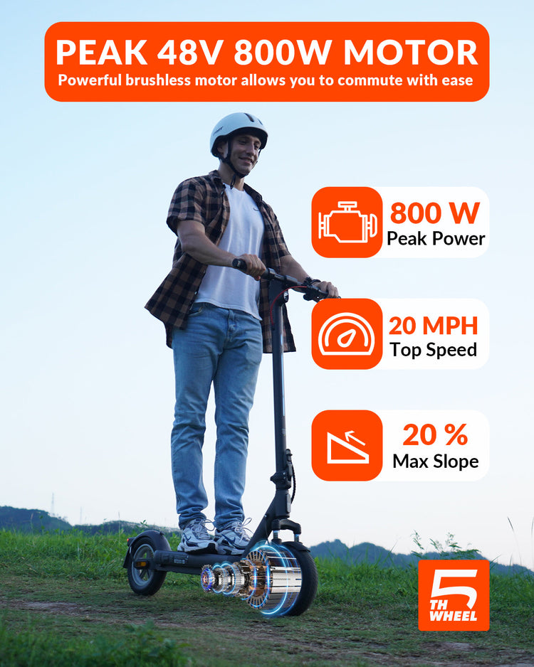 Person riding an electric scooter with product features highlighted on a blue sky background