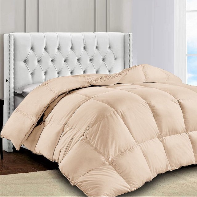 Beige comforter on a bed with a tufted headboard in a bedroom setting