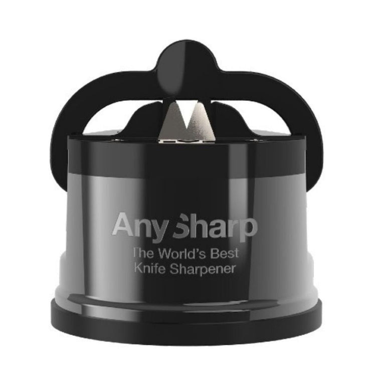 A countertop knife sharpener with a black handle and a copper-colored body, featuring the 'AnySharp' brand name.