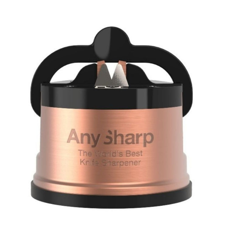 A copper and black colored AnySharp knife sharpener with a suction cup base and two sharpening blades visible on the top.