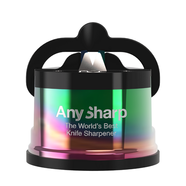 A countertop knife sharpener with a black handle and a copper-colored body, featuring the 'AnySharp' brand name.