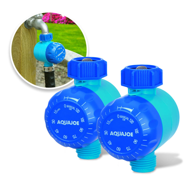 Two AquaJoe sprinkler timer controllers in blue and teal, shown on a white background with a circular inset photo demonstrating one timer installed outdoors at a garden spout.