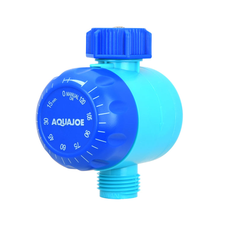 A blue and light blue AquaJoe automatic irrigation timer with a ribbed top cap and threaded outlet, shown on a plain white background.