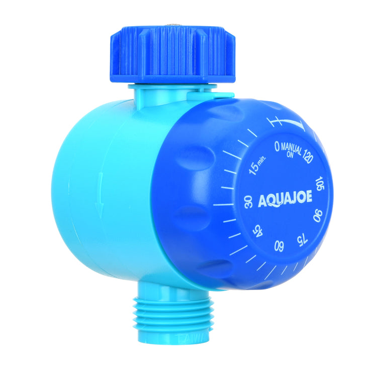 Blue water valve with 'Aquajoe' branding on a white background