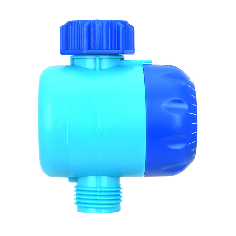 A plastic water filter or flow regulator valve with a light blue body, a darker blue threaded cap on top, and a blue dial section on the right side, isolated on a white background.