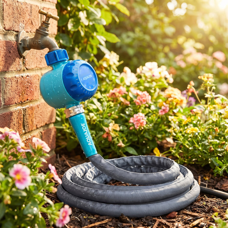 A blue and gray Advance water filter and pressure hose dispenser set up next to a brick wall garden spigot, with a coiled gray hose on the ground in a garden with flowers.