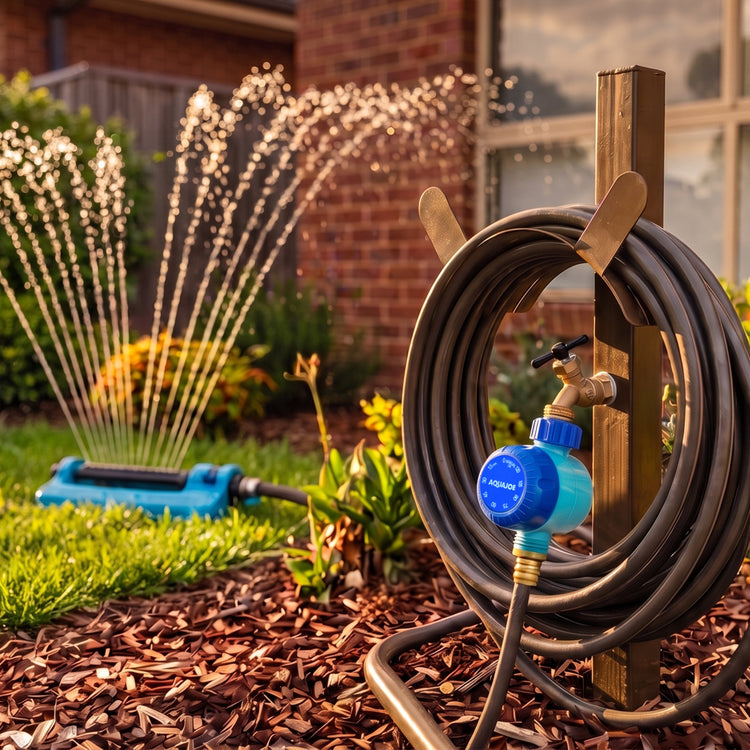 A coiled black garden hose with a blue and brass hydrant is mounted on a wooden post in a mulched garden bed, with a sprinkler spraying water in the background.