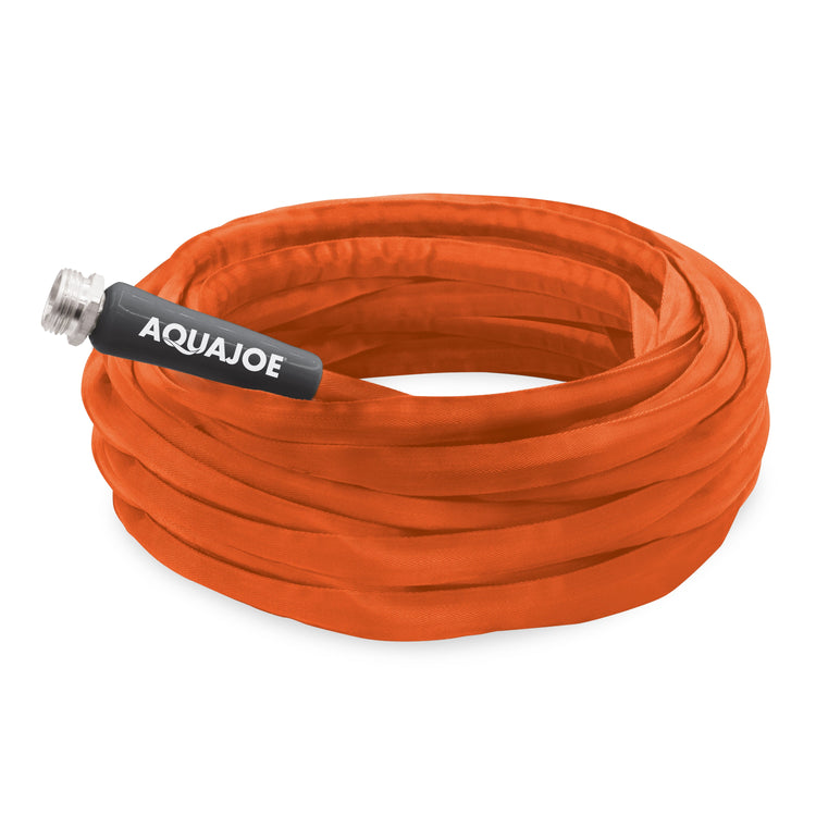 Orange garden hose with Aquajoe nozzle on a white background