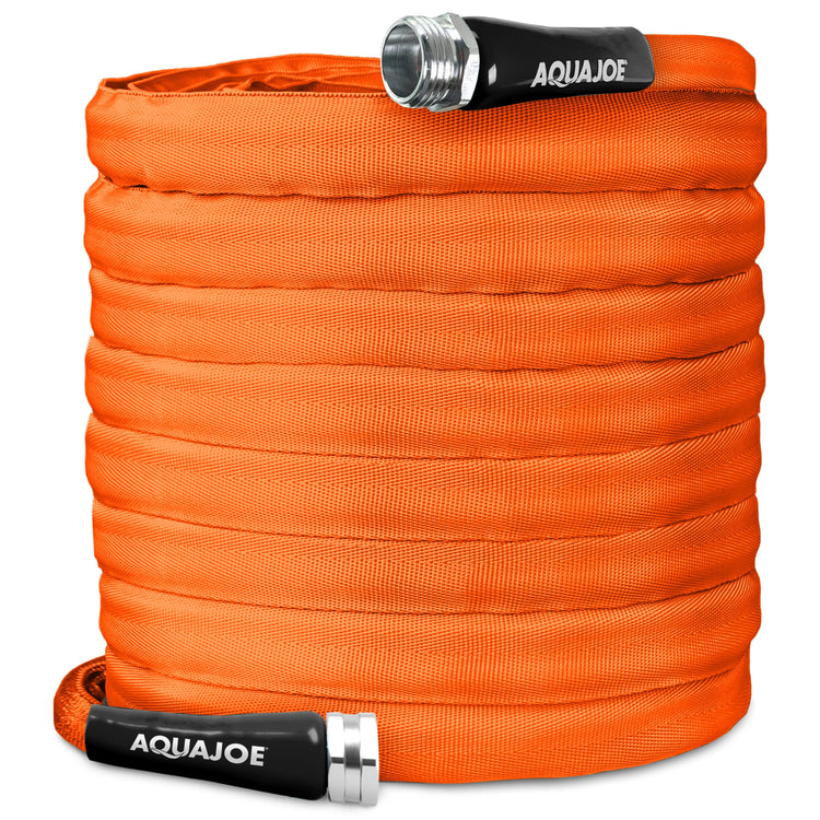 Orange garden hose with black and silver Aquajoe branding on a white background