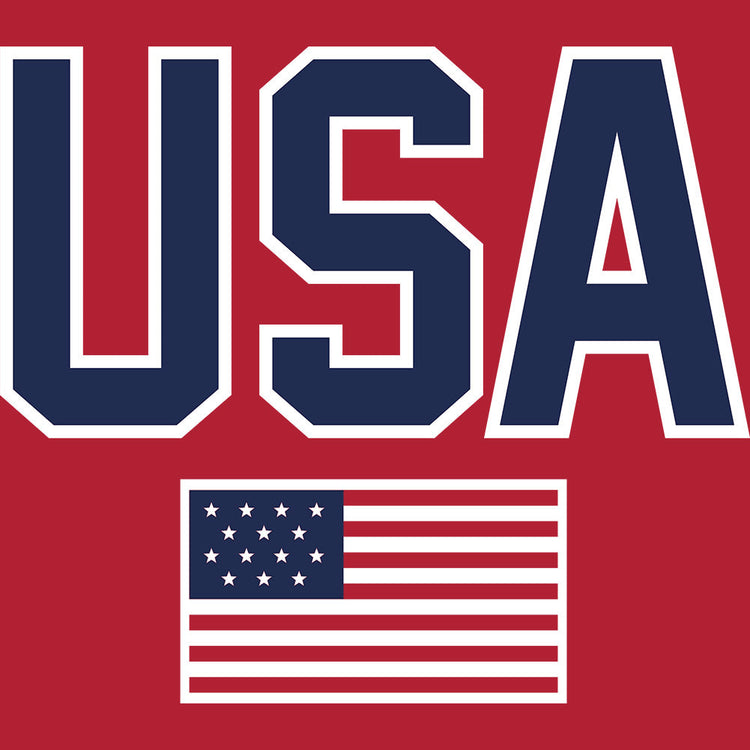 Large 'USA' letters with an American flag on a red background