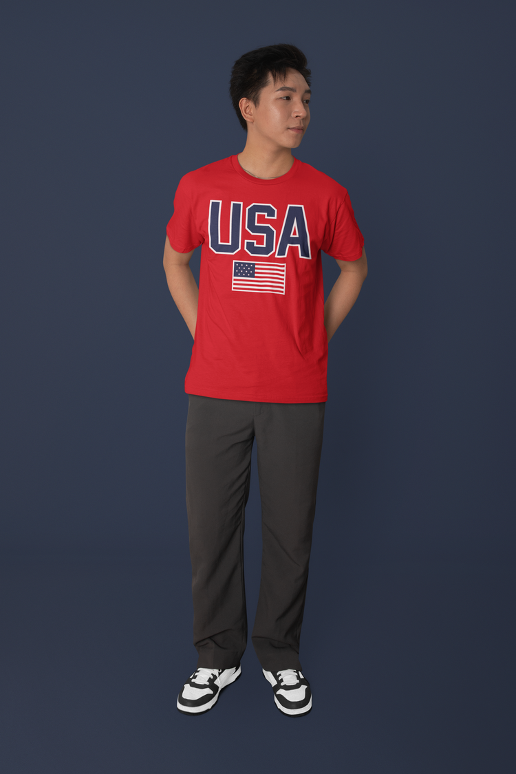 Person wearing a red 'USA' t-shirt with an American flag on a dark background