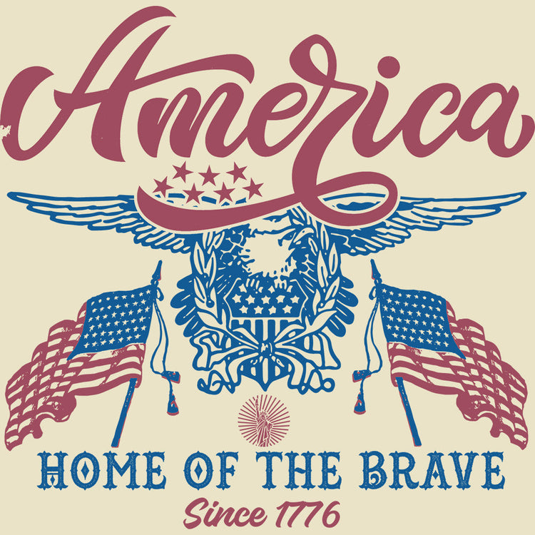 Vintage-style graphic with 'America Home of the Brave' text and American flags on a beige background.