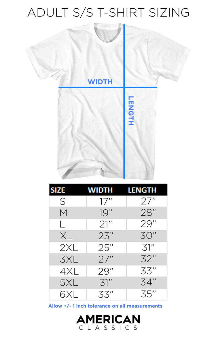 Sizing chart for adult short-sleeve t-shirts with measurements and American Classics branding.