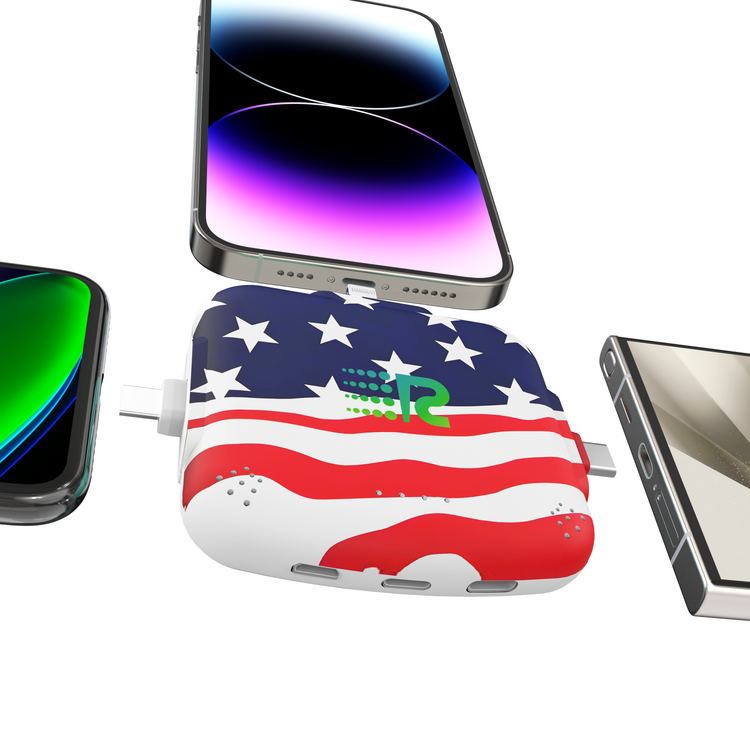 Phone case with American flag design and phone on a white background