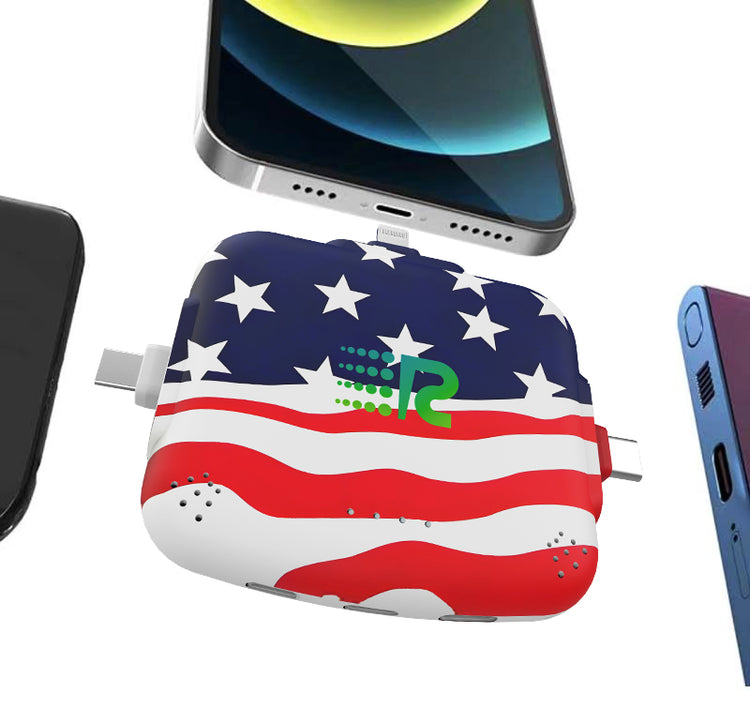 Portable charger with American flag design and smartphone above it on a white background