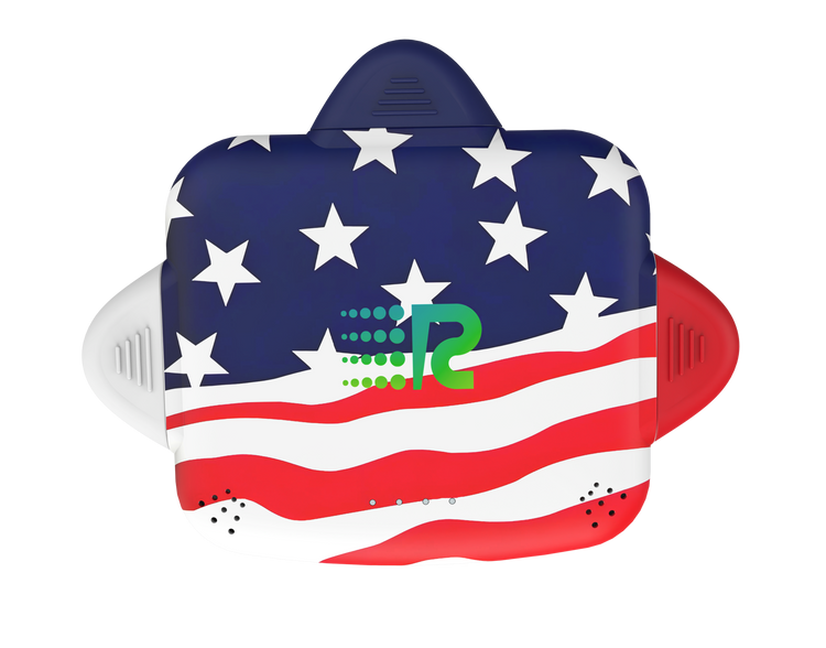 Toy gun with American flag design and a logo on a white background