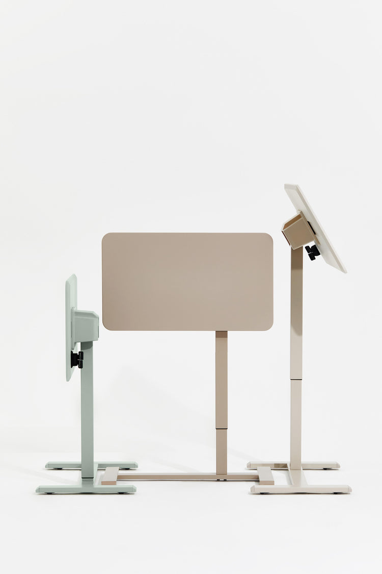 Modern adjustable standing desk with a beige panel on a white background