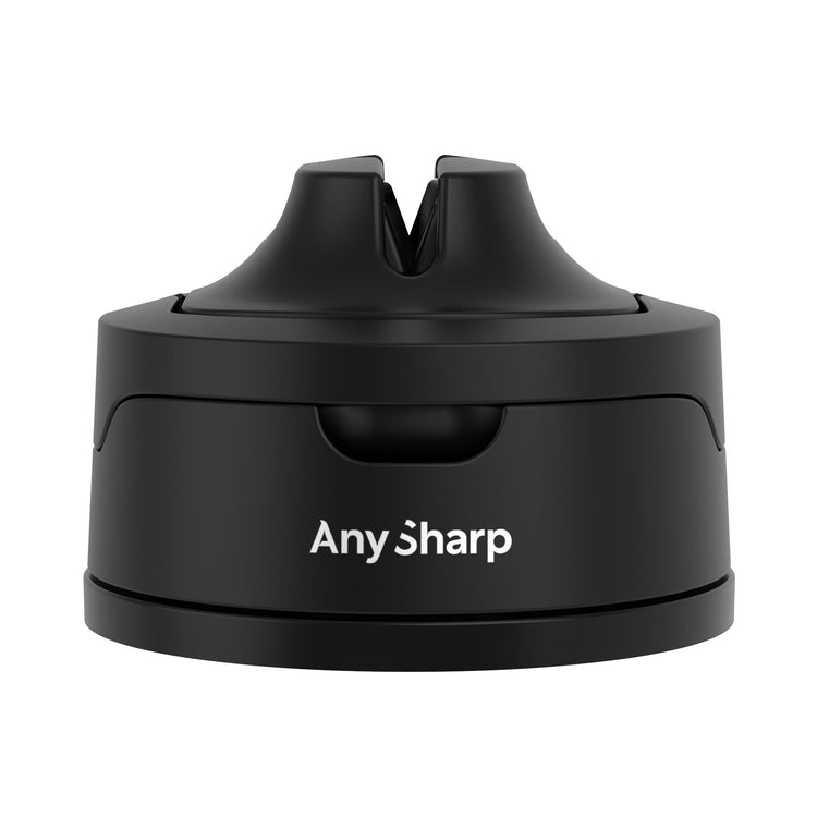 A red AnySharp EVO knife sharpener with a black suction base, featuring the brand name 'Any Sharp' on the side.