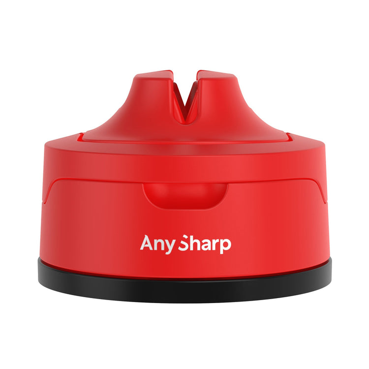 A red AnySharp EVO knife sharpener with a black suction base, featuring the 'AnySharp' brand name on the front.