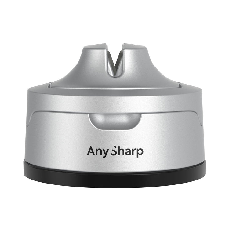 A red AnySharp EVO knife sharpener with a black suction base, featuring the brand name 'Any Sharp' on the side.