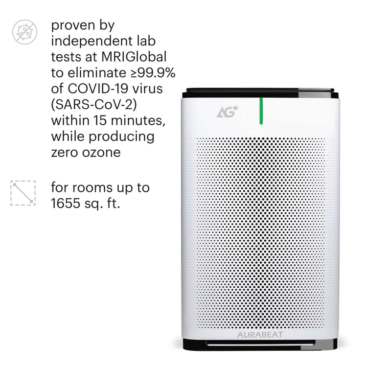 Air purifier with text about eliminating COVID-19 virus and producing zero ozone.