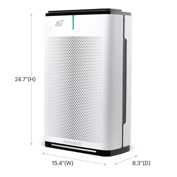 Air purifier with dimensions labeled on a white background