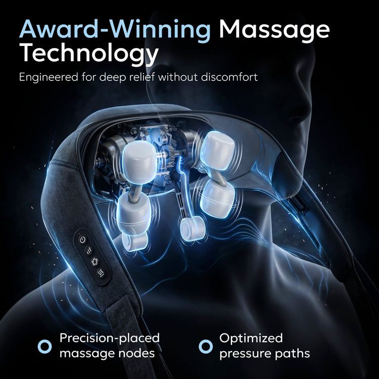Massage device with massage nodes and text highlighting award-winning technology and comfort features.