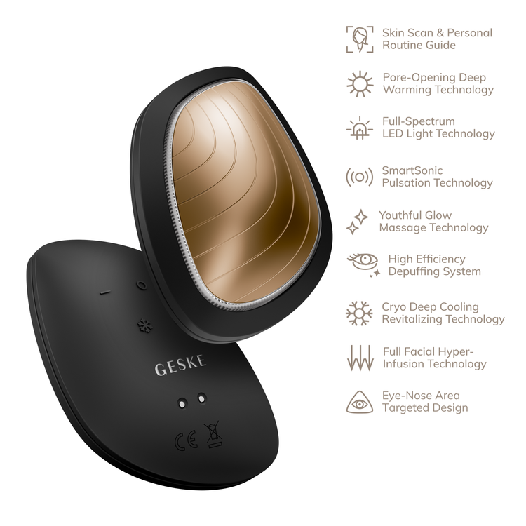 Black facial device with features listed on a white background