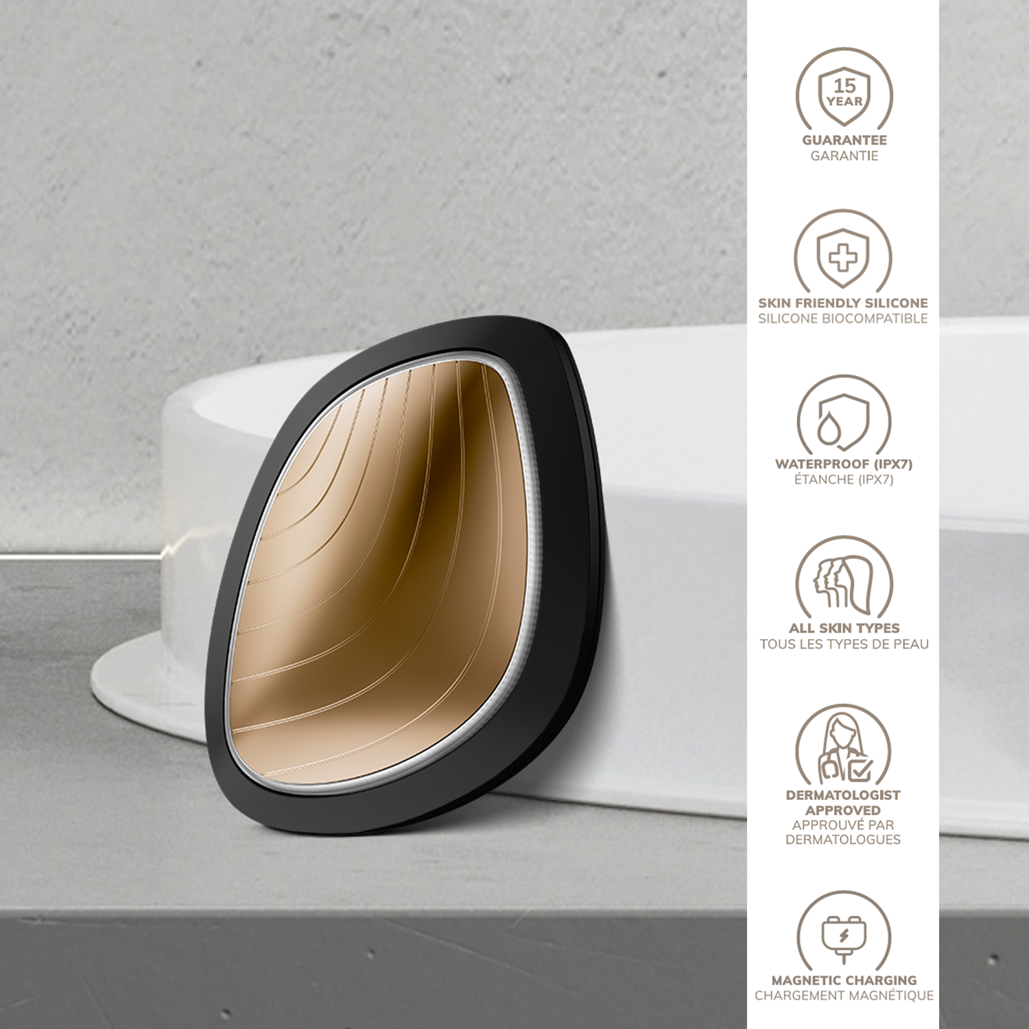 Black and beige silicone product with features listed on a gray background