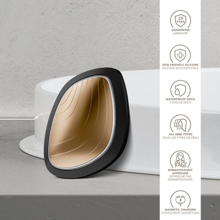 Black and beige silicone product with features listed on a gray background