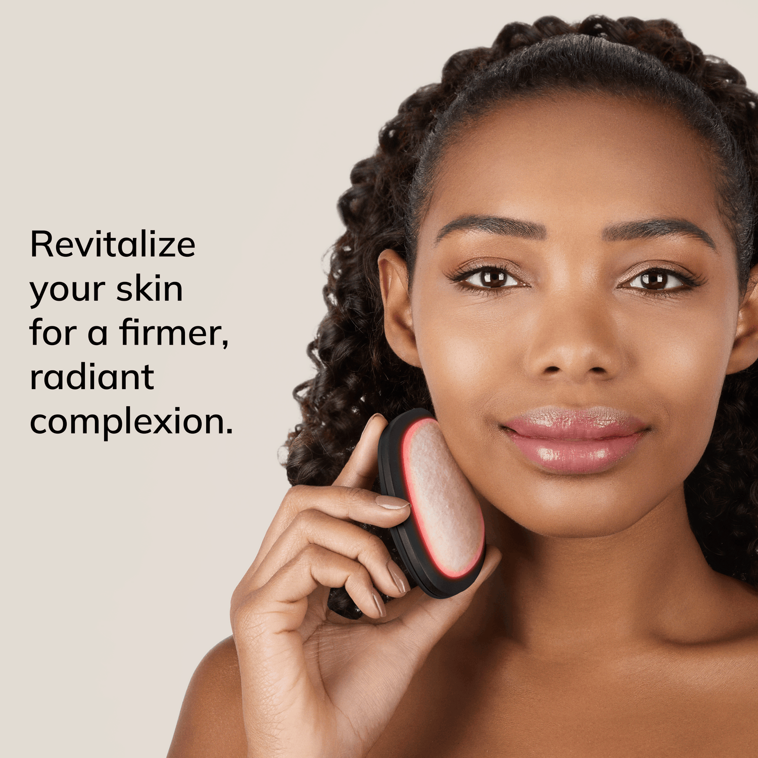 Woman using a skin care tool with text promoting skin revitalization.