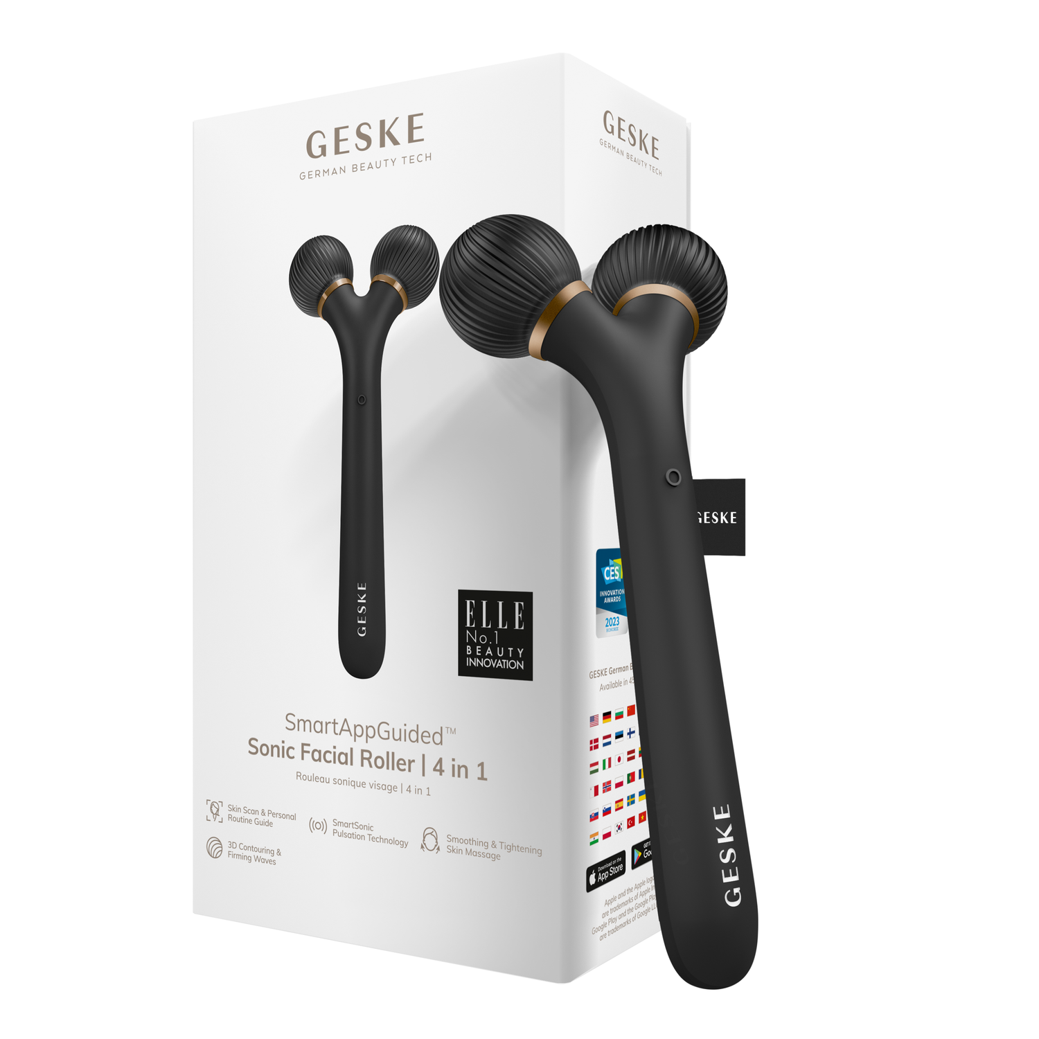 Black facial roller with packaging displaying 'GESKE' branding on a white background
