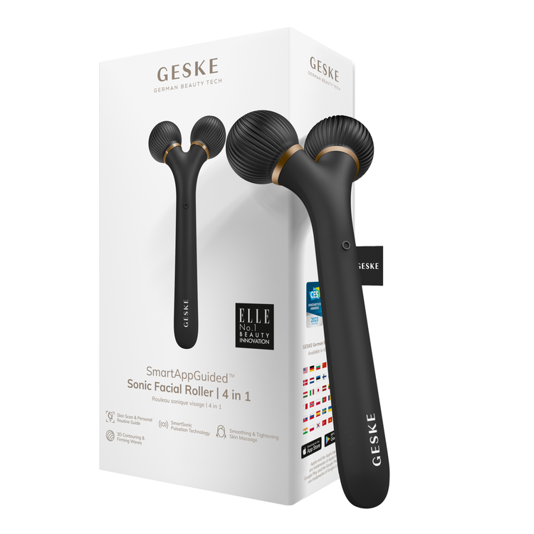 Black facial roller with packaging displaying 'GESKE' branding on a white background