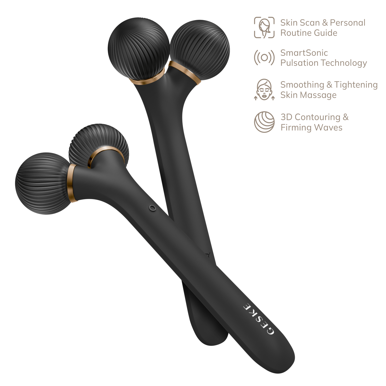 Black handheld device with spherical ends on a white background, featuring text about its features.
