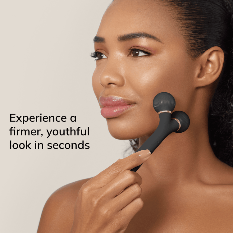 Woman using a skin care device with text 'Experience a firmer, youthful look in seconds' on a beige background
