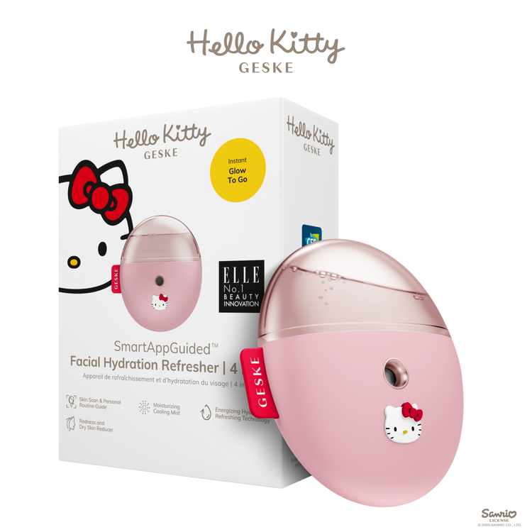 Pink facial hydration refresher with Hello Kitty design and packaging on a white background