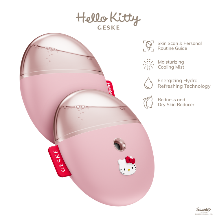 Pink skincare device with Hello Kitty logo on a white background
