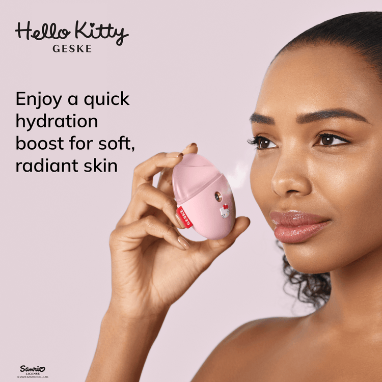 Woman holding a pink skincare product with 'Hello Kitty' branding on a light pink background.