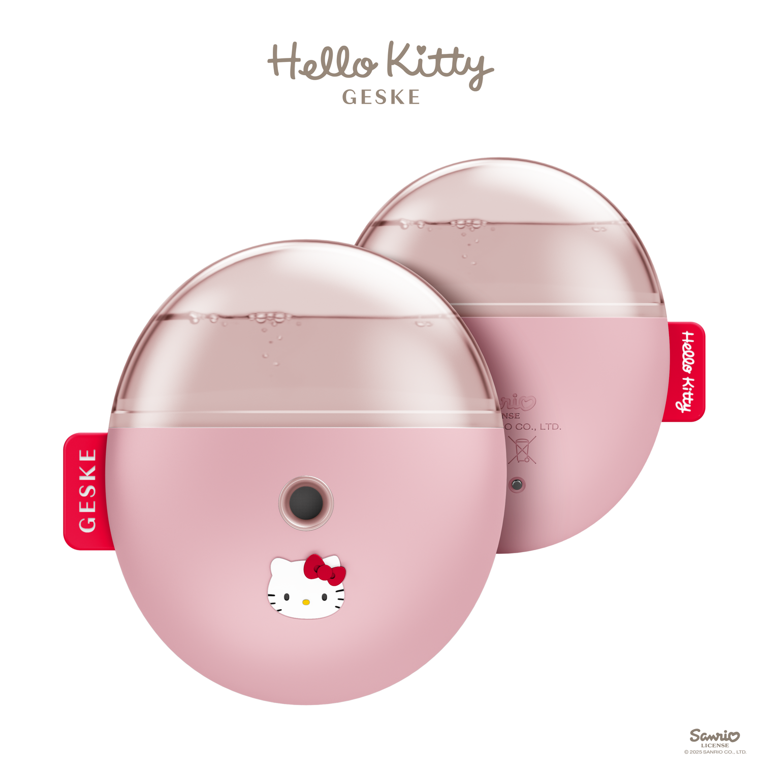 Pink electronic device with Hello Kitty logo on a white background