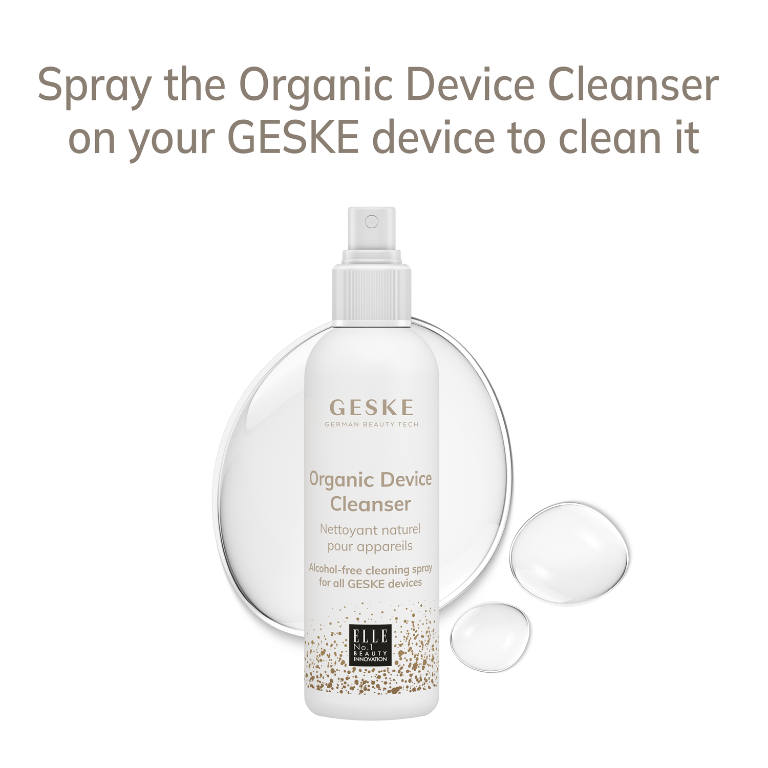 GESKE Organic Device Cleanser bottle with text on a white background