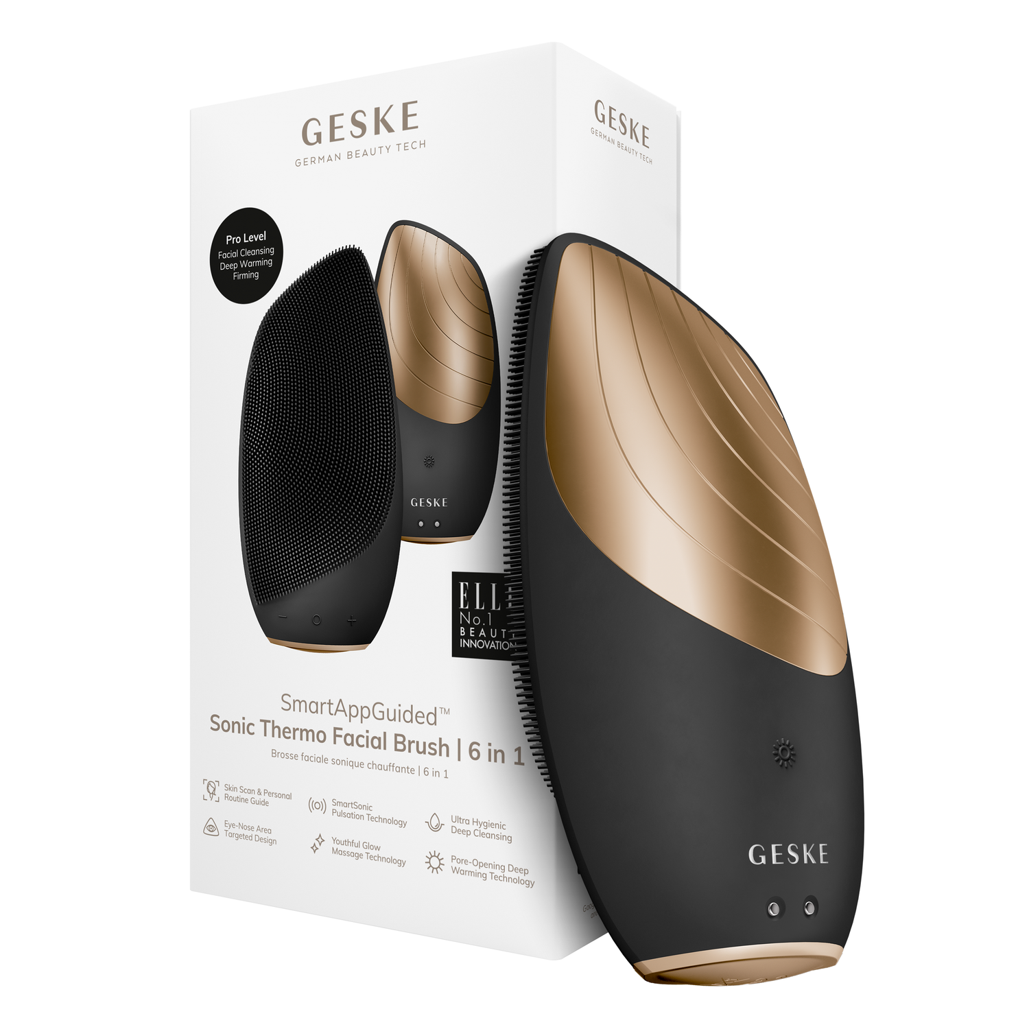 Black and gold facial brush with packaging displaying 'GESKE' brand on a white background