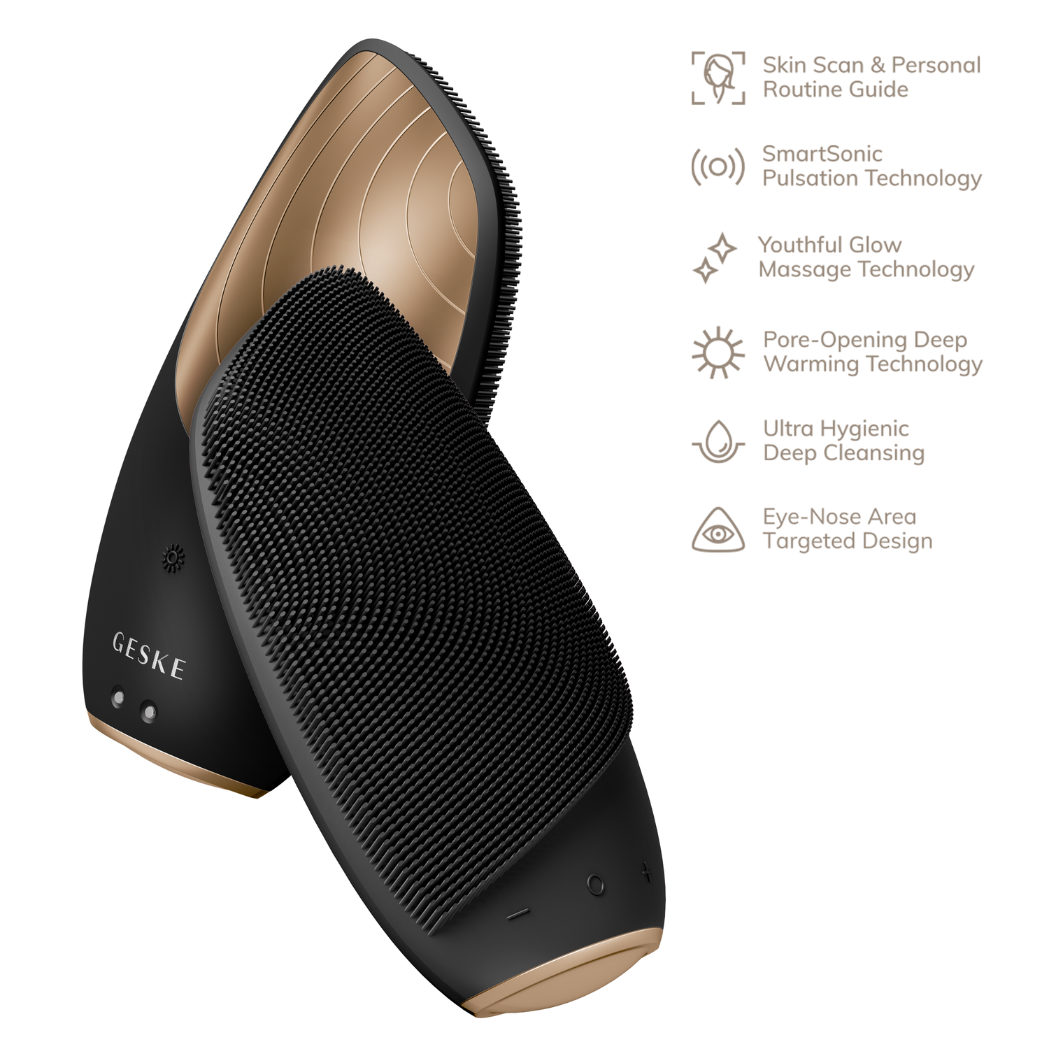 Black and gold skincare device with features listed on a white background