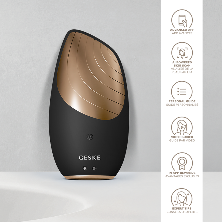 Black and gold skincare device with GESKE branding on a white background