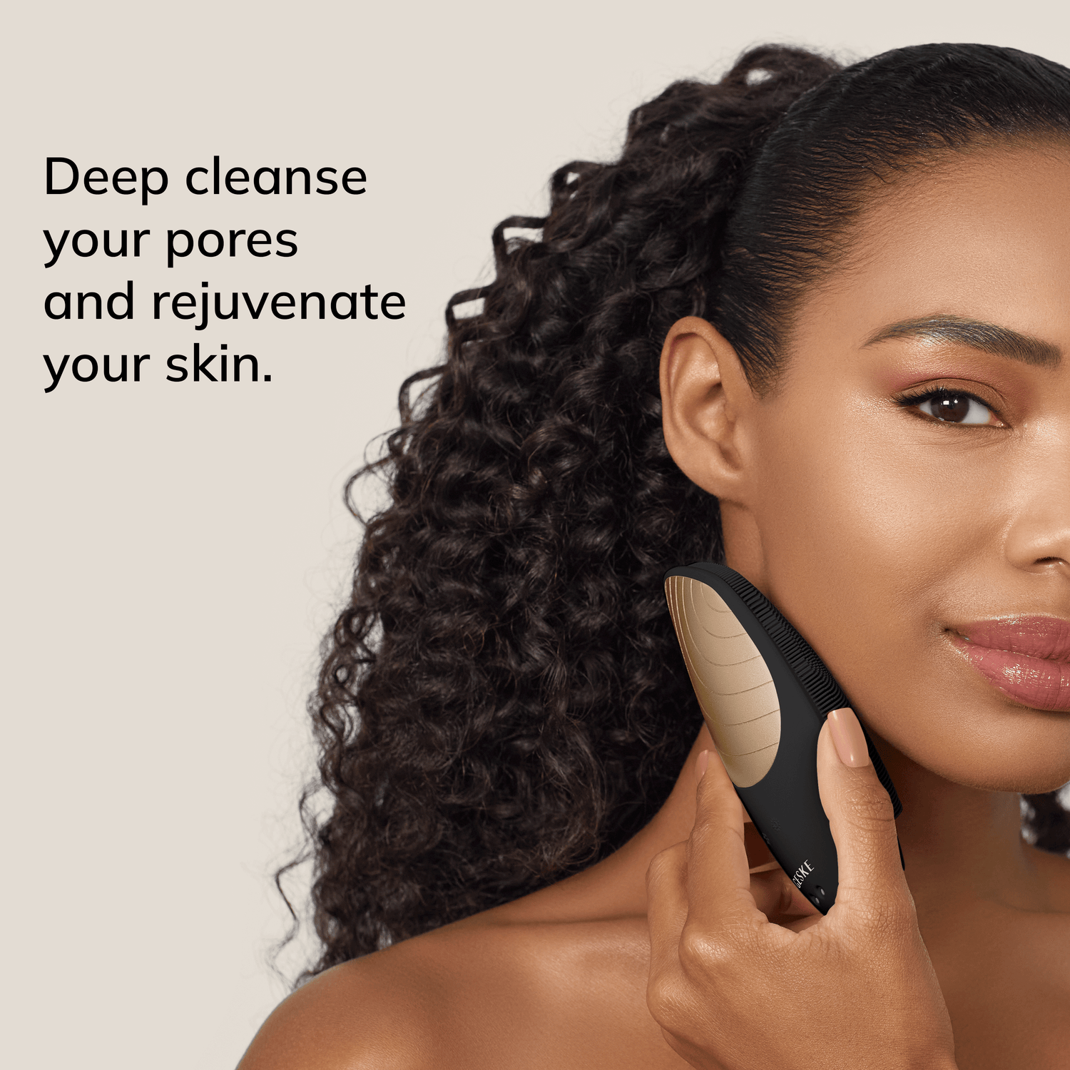 Woman using a skincare device with text 'Deep cleanse your pores and rejuvenate your skin.'